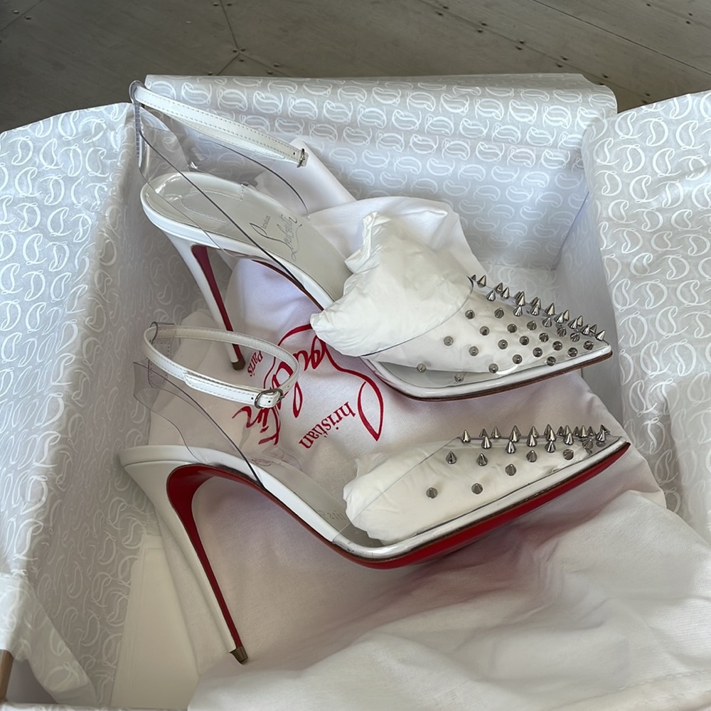 Christian Louboutin spikoo white patent spike stiletto pvc 100mm sz 36.5 - Picture 7 of 12